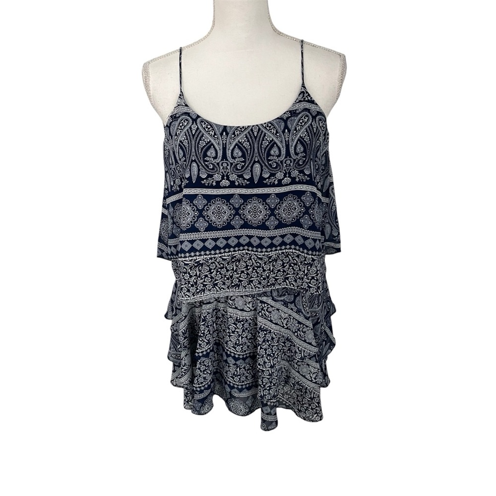 Misa Los Angeles Blue Printed Elastic Waist Dress Cami Straps XS Extra-Small